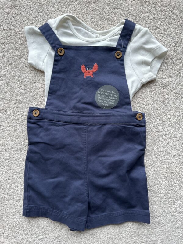 M&S Crab Dungarees With S/S White Bodysuit, 3-6M, BNWT