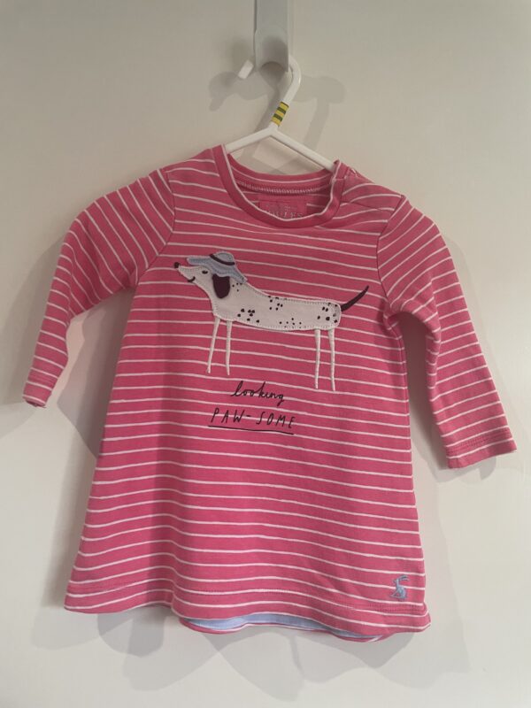 Joules L/S Pink Striped Dog Dress, 3-6M