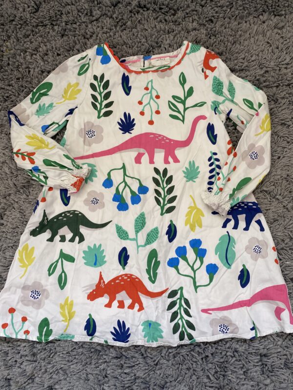 Boden, Dinosaur Print Dress, 4-5Y, Mark on pink dino tail & right sleeve