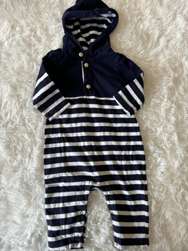 Gap Striped Hooded Romper, 3-6M *Light wash wear